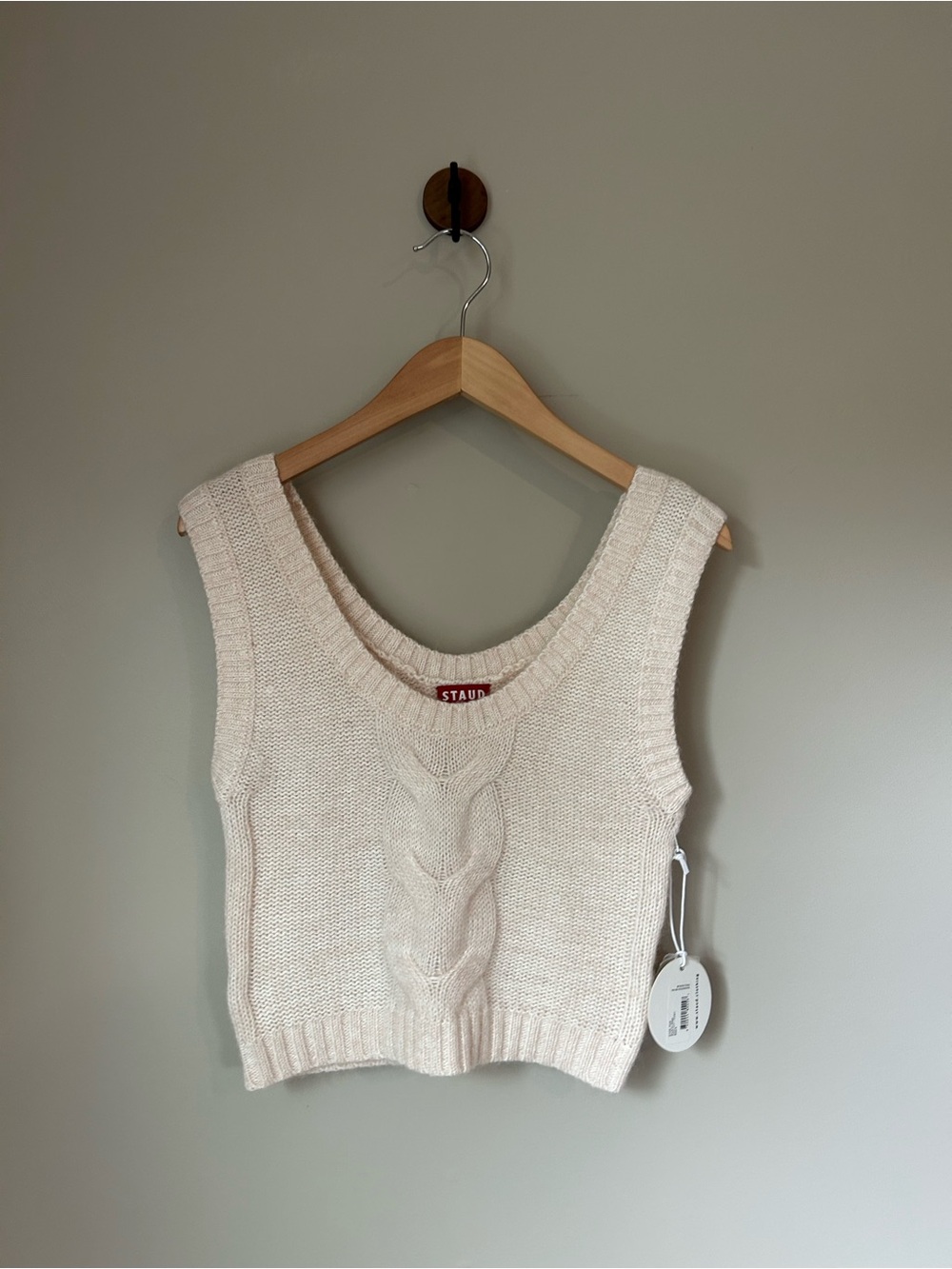 STAUD Cable Knit Sweater Vest S Cream Mohair Wool Crop Top NWT
